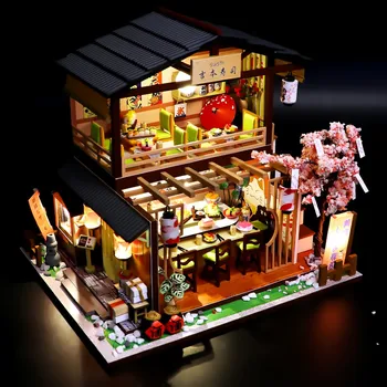 DIY Koka Namiņš Japāņu Suši Bārs Arhitektūras Leļļu Māju Miniatūras ar Mēbelēm, Rotaļlietām Bērniem, Draugu Dzimšanas dienas Dāvana