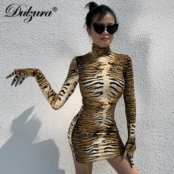 Dulzura tiger dzīvnieku print mini kleita ar garām piedurknēm cimdi bodycon sexy augstu uzrullētu apkakli streetwear drēbes 2019 rudens ziemas clubwear