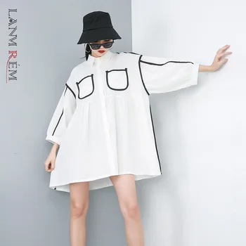 LANMREM 2021. gada Vasaras Drēbes sievietēm, Jaunais Modelis dubultās kabatas baltu kreklu Personības zaudēt lielu izmēru ikdienas blūze YG98100