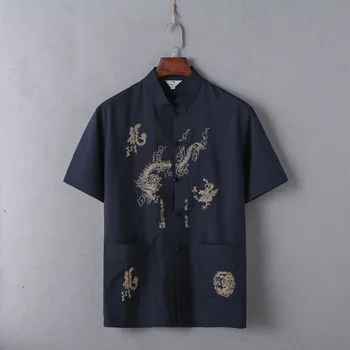 Mandarin Apkakles Kung Fu Tai Chi Vienotu Tradicionālā Ķīniešu Pūķis Apģērbu Tang Uzvalks Top Vasaras Kokvilnas, Linu Krekls, Vīriešu M-XXXL