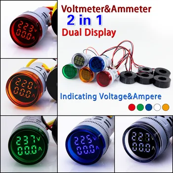 Mini Digitālais Voltmetrs Ammeter 22mm Kārta AC 50-500V 0-100A Amp Voltu Sprieguma Testeris Metru Dual LED Indikators Izmēģinājuma Lampas Gaismas