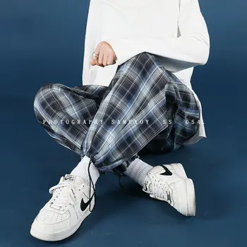 Pavasarī, Vasarā Pleds Bikses Vīriešu Modes Retro Gadījuma Bikses Vīriešu Streetwear korejiešu Hip-hop Taisni Plaša kāju Bikses Vīriešu Bikses