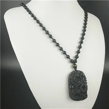 Sertificēti Ķīnas Dabas Black Green Jade Dragon Kulons Pērles Kaklarota Šarmu Rotaslietas Obsidian Cirsts Amuletu, Dāvanas Vīriešiem