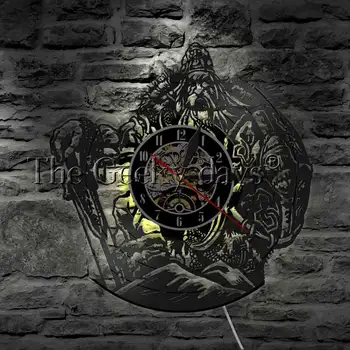 Skandināvu Mitoloģijā Odin Art Sienas Skatīties Dekoratīvais Apgaismojums LED Karājas Lampas Vikingu Karavīru Zobenu Un Vairogu, Vinila Sienas Pulkstenis