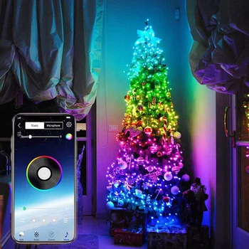 Smart Holiday LED String Apgaismojums Ūdensnecaurlaidīgs Sudraba Stieples Pasaku RGB Krāsains Bluetooth APP kontroles Ziemassvētku Eglīte Apdares Gaismas
