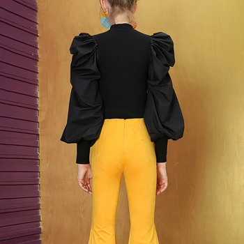 TWOTWINSTYLE Trikotāžas Raibs Džemperi Sievietēm O Kakla Puff Piedurknēm Ruched Streetwear Puloveri Sieviešu Modes Rudenī 2020 Jaunas