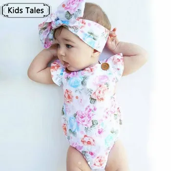 2 gab. / komplekts Vasaras 2020. Gadam Cute Baby Meitenes Ziedu Piedurknēm Kuģīši + Galvas Vasaras Sieviešu Pludmales Tērps, Apģērbs, Apģērbu Komplekts SR162