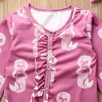 Baby Romper Jaundzimušais Meitene Drēbes Sirēna Drukāt Savirmot garām Piedurknēm Romper Jumpsuit+Galvas 2gab Tērpiem