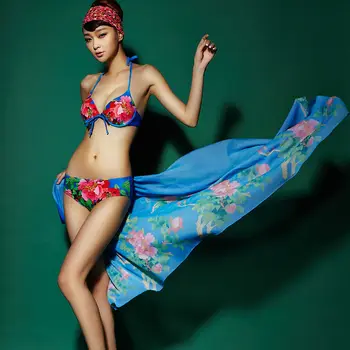 Bikini Komplekts Sieviešu Vasaras Peldkostīmi Sadalīt 3Piece Pārsējs Backless Ziedu Iespiesti Mežģīnes Up peldkostīms Push Bather Brīvdienu Karstā Jauns