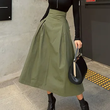 Bohemian Veļa Svārki Sieviešu Modes Korejas Biroja Dāmas Eleganta, Vienkārša Cēloņu Loks Sen Maxi Svārki Vintage Ola Līnija Svārki Zaļā Krāsā