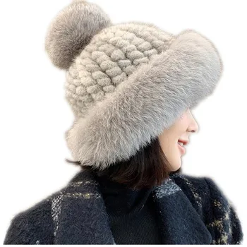 Cepuri sieviešu ziemas nekustamā ūdeļu kažokādas cepures ar lielu īstas lapsas kažokādas pompom meitene beanies 2020 