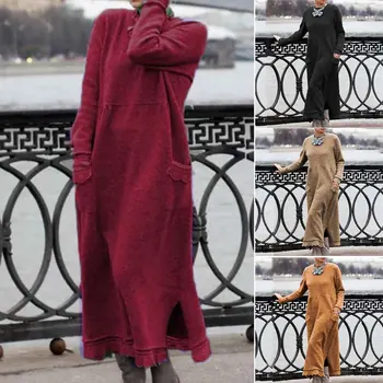 Cietā Garām Piedurknēm Sadalīt Hem Rudens Ziemas Maxi Zaudēt Gadījuma Sieviešu Trikotāžas Kleita Ielu Modes Silts Vintage Apkalpes Kakla Džemperis