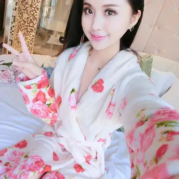 Drēbes Sievietēm ar garām Piedurknēm Rudens Sabiezēt Flaneļa Mežģīnes-up Sleepwear Silts, Elegants Kimono korejiešu Stilā Iespiesti Sieviešu Homewear Jaunas