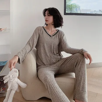 Japānas jaunā stila pavasarī un rudenī dāmas garām piedurknēm, garās uzvalks gadījuma pidžamu viskozes šķiedras V-veida kakla mājas pakalpojumu, sievietes