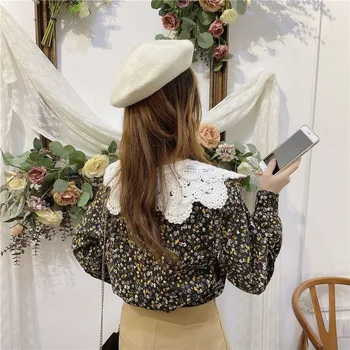 Japāņu Cute Lelle Apkakles Blūze Ziemas Garām Piedurknēm Sievietēm Dizainers Ziedu Topi Gadījuma Office Korejiešu Apģērbu Dāmas 2021. Gada Pavasarī