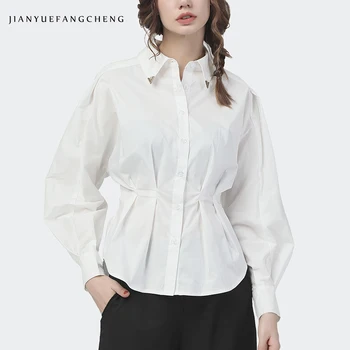 Modes Kokvilnas Balts Sieviešu Krekls Jaunu 2020. Gadam Pavasara garām Piedurknēm Kroku Vienu-krūšu Augšu Elegants Birojs Dāmas Darba Valkāt Krekli
