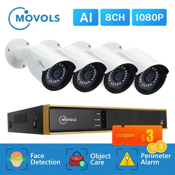 Movols 8CH 1080P AI Video Novērošanas Sistēmas 4GAB Āra Ūdensizturīgs Drošības Kameru H. 265 DVR Komplekts Āra CCTV Kameras Sistēma