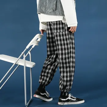 Pavasarī, Vasarā Pleds Bikses Vīriešu Modes Retro Gadījuma Bikses Vīriešu Streetwear korejiešu Hip-hop Taisni Plaša kāju Bikses Vīriešu Bikses