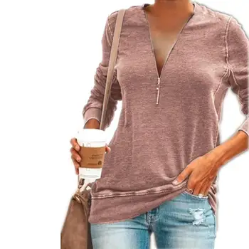 Plus Lieluma Tshirts Sievietes Sexy V-Neck Cietā T-krekls ar garām Piedurknēm Pusi Rāvējslēdzēju Gadījuma Biezu Džemperi, Topi XS-5XL Rudens Apģērbu 2020