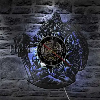 Skandināvu Mitoloģijā Odin Art Sienas Skatīties Dekoratīvais Apgaismojums LED Karājas Lampas Vikingu Karavīru Zobenu Un Vairogu, Vinila Sienas Pulkstenis
