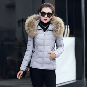 Uz leju mētelis sieviešu slim ziemas jakas sievietēm ir 2021. jaunu kažokādas apkakle kapuci silts sieviešu dūnu jaka virsdrēbes ziemas mētelis sieviešu jaka