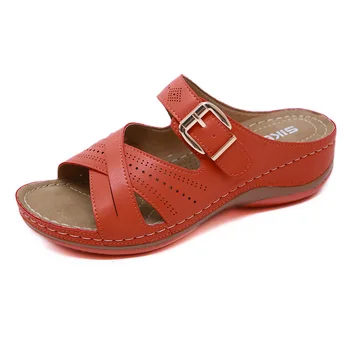 Vasaras sieviete sandales PU Paslīdēt Uz Sprādzes Siksna Ķīļi Comfy Mīksto Dāmas Sandales zapatos mujer de sieviešu kurpes izmērs 36-44 balts