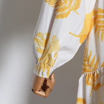VGH Elegants Raibs tērps Sievietēm Stand Apkakli Laternu garām Piedurknēm, Augsta Vidukļa Ruffles Kleitas Sieviešu Modes Apģērbu Rudens