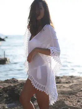 2016 Modes Sieviešu Vasaras Blūze Beach Boho Kimono Jaka 3/4 Piedurknēm Gadījuma Zaudēt Long Beach Mētelis Topi pludmalē sievietēm, blūzes