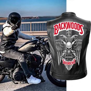 Backwoods Ādas Motociklu Vestes Jakas Vīriešu Jakas Pavasara Black Motorrad Gilet Vēstuli Iespiesti Plus Lieluma