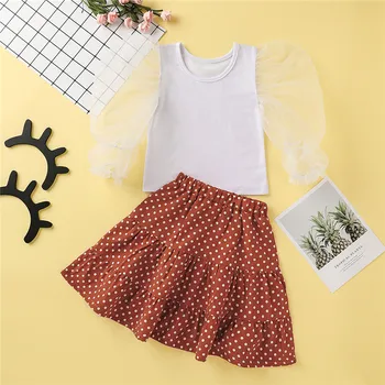Bērniem, Baby Meitenes Modes 2-gabals rudens Apģērbs Uzstādīt apaļu kakla Acs Burbulis Piedurknēm Augšu un Polka Dot Svārki Komplekts