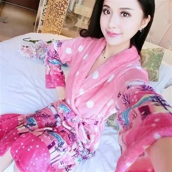 Drēbes Sievietēm ar garām Piedurknēm Rudens Sabiezēt Flaneļa Mežģīnes-up Sleepwear Silts, Elegants Kimono korejiešu Stilā Iespiesti Sieviešu Homewear Jaunas