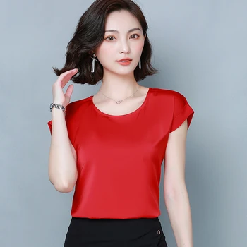 Korejas Smagā Zīda Blūzes Sieviešu Cietā Satīna Blūze Topi Vasaras Sieviete Īsām Piedurknēm Blūze Top Plus Lieluma Blusas Mujer De Moda 2020