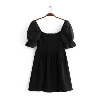 Lanbaiyijia Vasaras jaunākās Retro Slash kakla Pusi piedurknēm Mini kleita Sievietes Ikdienas kleita Melnā Cietā Augsta vidukļa Modes Kleita S, M, L