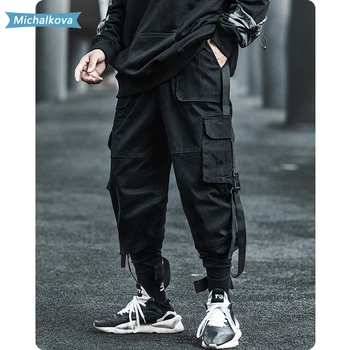 Lielas Kabatas Vīriešiem Kravas Bikses Harajuku Streetwear Zaudēt Treniņbikses Hip Hop Gadījuma Joggers Vīriešu Bikses Lentes militāro michalkova