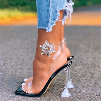Modes Kvadrātveida Kājām Vasaras Sieviešu Sandales Pārredzamu Rhinestone Smaili Papēži Plānas Augsta Papēža Siksnu Sprādzes Puse Kleita Dāmas Kurpes