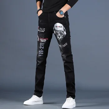 Modes Streetwear Vīriešu Džinsi Melnā Krāsā Casual Slim Fit Iespiesti Dizainera Džinsi Vīriešu Nakts Klubs Panku Bikses Hip Hop Džinsi Homme