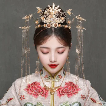 NiuShuya Ķīniešu Tradicionālās Līgavas Zelta Phoenix Ilgi Pušķi Tiaras Vainagu Headpiece Auskari Kāzu Matu Aksesuāri