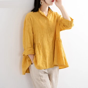 Pavasara Korejas Modes Sievietes ar garām Piedurknēm Zaudēt Dzeltenie Krekli, Kokvilna Blusas Mujer visiem atbilstības Gadījuma Blūzes Plus Lieluma S693