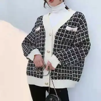Sllsky Izšūta Jaciņa Sieviešu Džemperis Rudens Lielgabarīta Trikotāžas Vienu Krūtīm, Džemperi Korejas Apģērbs Brīvs Elegants Sieviešu Mētelis